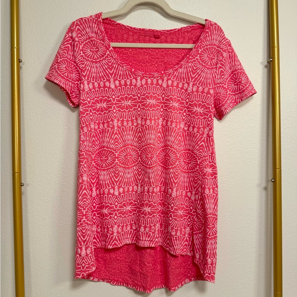 Fresh Produce Bright Pink Ocean Beach Print Hi Low Tee Women’s ‎ Sz S/M